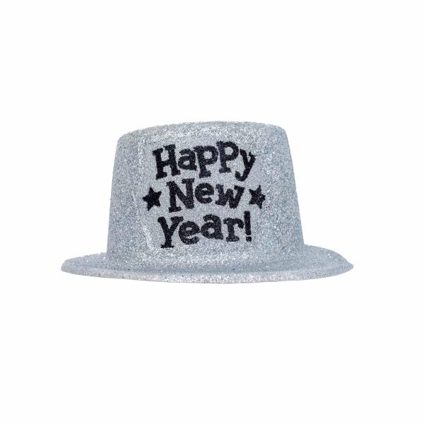 Happy New Year Silver Glitter Top Hat Supply